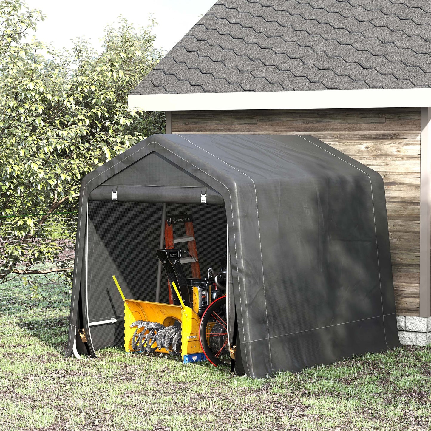 Outsunny 7.9' x 6.6' Garden Storage Tent, Patio Storage Shelter w/ Metal Frame and Double Zipper Doors, Dark Grey