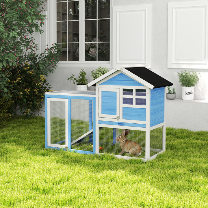PawHut 48" Wooden Rabbit Hutch With Slant Roof and Run, Light Blue