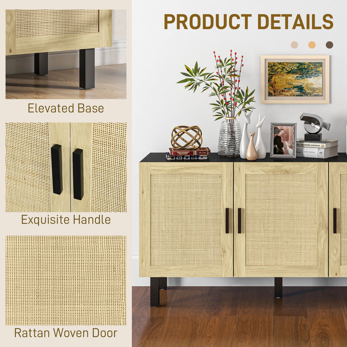 HOMCOM Boho Sideboard Buffet Cabinet with 3 Rattan Doors, Kitchen Cabinet with Adjustable Shelves, Black and Natural