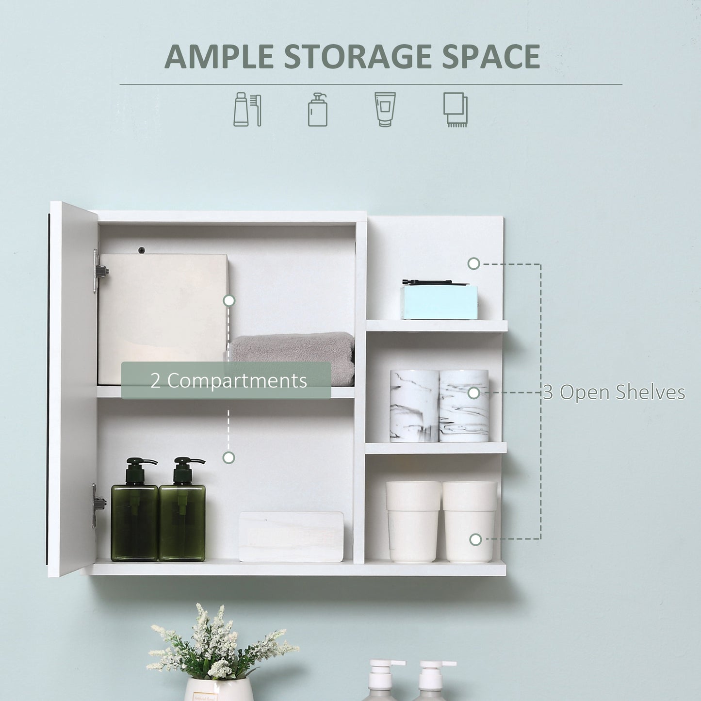 kleankin Medicine Cabinet with Mirror, Wall Mounted Bathroom Mirror Cabinet, Bathroom Wall Cabinet with 3 Open Shelves, Natural