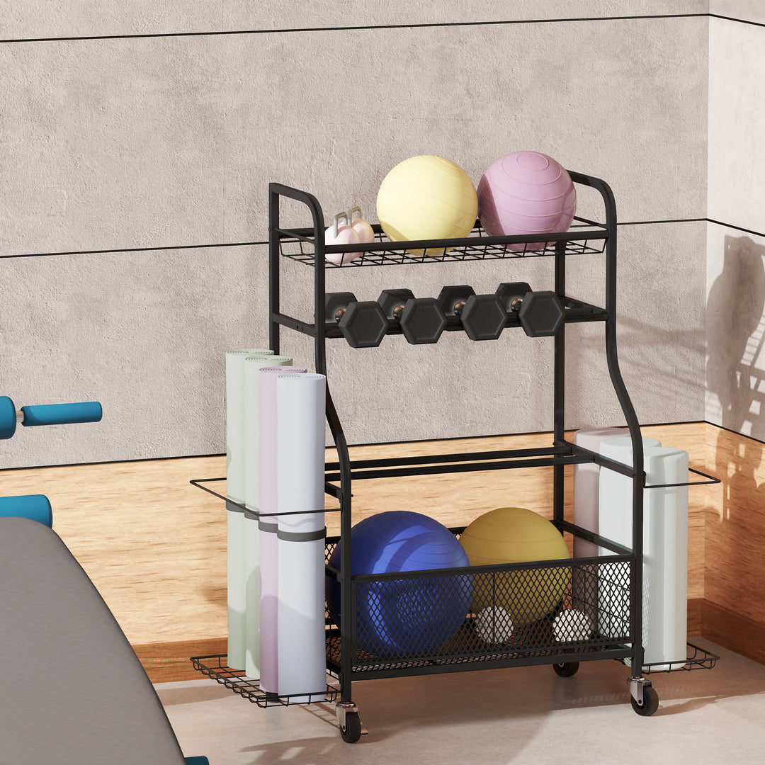 Soozier Garage Sports Equipment Organizer, Rolling Home Gym Storage Rack with Wheels, Dumbbell Rack and Ball Storage Holder