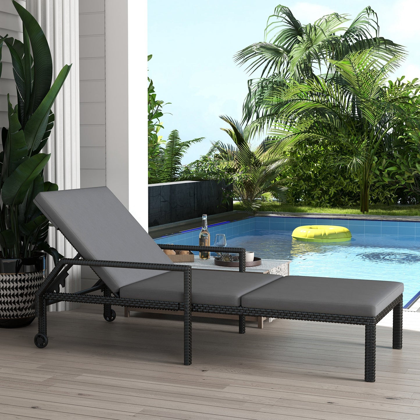 Outsunny Wicker Chaise Lounger with 5-Level Adjustable Backrest, Light Grey