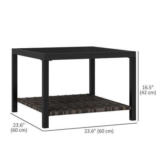 Outsunny 23.6" Rattan End Table, Outdoor Coffee Table with Tempered Glass Top, Storage Shelf for Patio, Garden, Balcony, Black