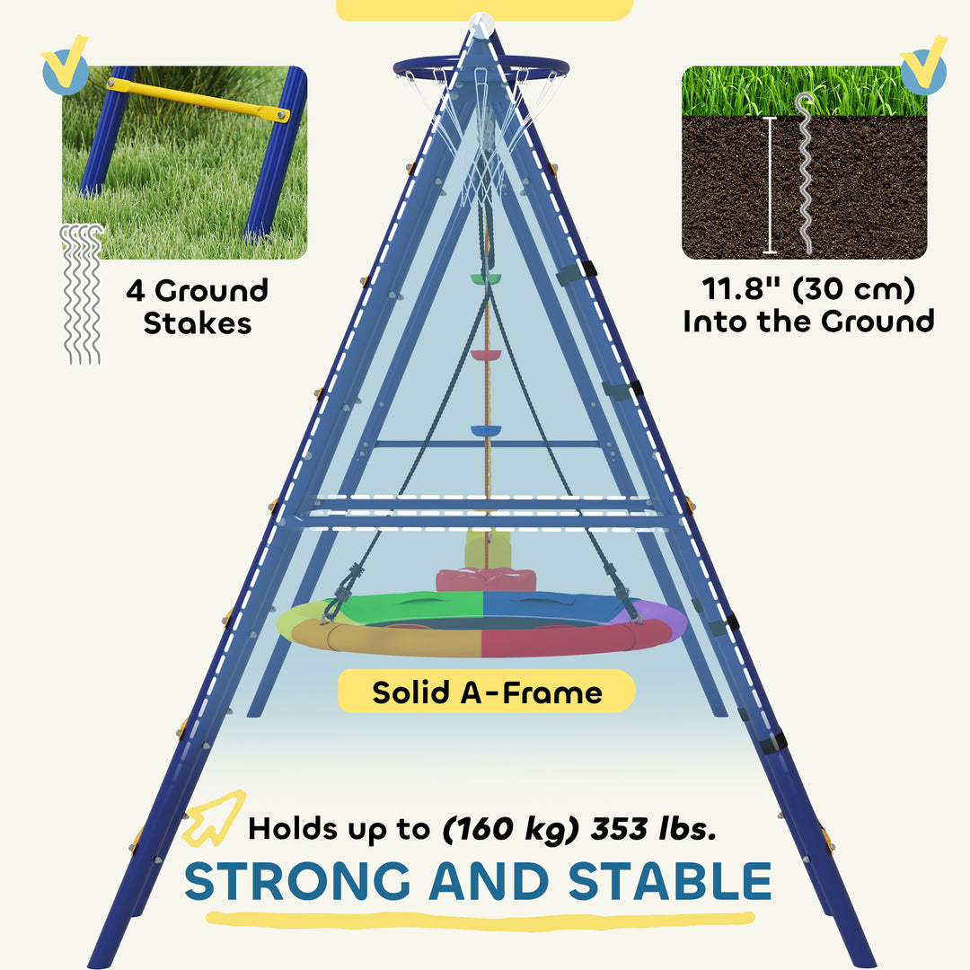 Qaba 6 in 1 Kids Swing Set with 1 Saucer Swing, 1 Belt Swing, 1 Disc Rope Swing, Climbing Ladder and Net, Basketball Hoop