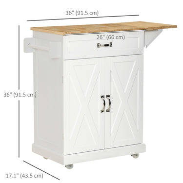 HOMCOM Foldable Kitchen Island with Storage Drawer, Farmhouse Style Rolling Utility Cart, Coffee Bar Cabinet on Wheels with Drop-Leaf Wood Top, White