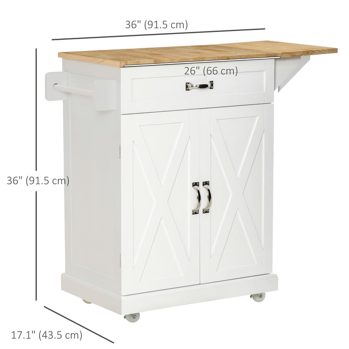 HOMCOM Foldable Kitchen Island with Storage Drawer, Farmhouse Style Rolling Utility Cart, Coffee Bar Cabinet on Wheels with Drop-Leaf Wood Top, White