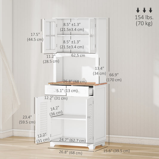HOMCOM Coastal Style Kitchen Buffet and Hutch Wooden Storage Cupboard with Framed Glass Door LouveredCabinet  Drawers Microwave Space for Dining Room  Living Room  White