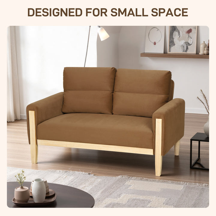 HOMCOM 53" Loveseat Sofa, Small 2 Seater Couch with Solid Wood Legs, Modern Velvet Sofa for Living Room, Small Spaces,Brown