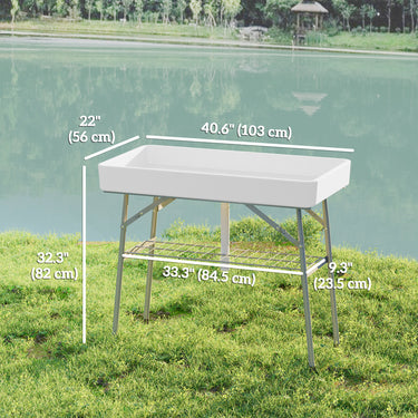Outsunny 3.4ft Folding Ice Cooler Table with Drain, Outdoor Patio Party Cooler for Drinks, Fishing Cleaning Table with Storage Shelf for Picnic BBQ Camping Wedding, White