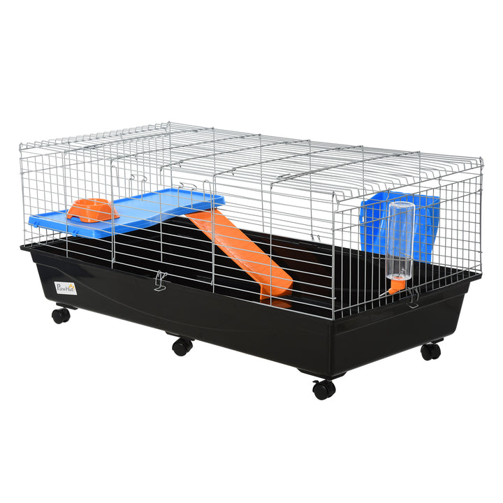 PawHut Small Animal Cage, Rolling Bunny Cage, Guinea Pig Cage with Food Dish, Water Bottle, Hay Feeder, Platform, Ramp, Green