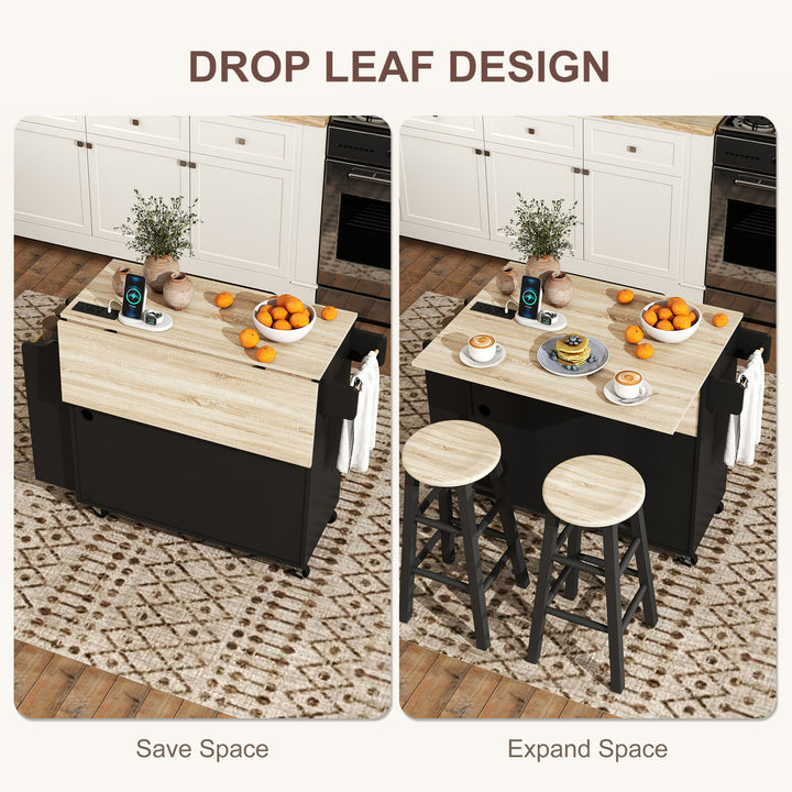 HOMCOM Kitchen Island with Storage, Rolling Kitchen Cart with Foldable Drop Leaf, Power Outlet and USB Ports, White