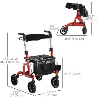 HOMCOM Rollator Walker for Seniors and Adults with 8'' Wheels, Padded Seat and Backrest,  Storage Bag Red