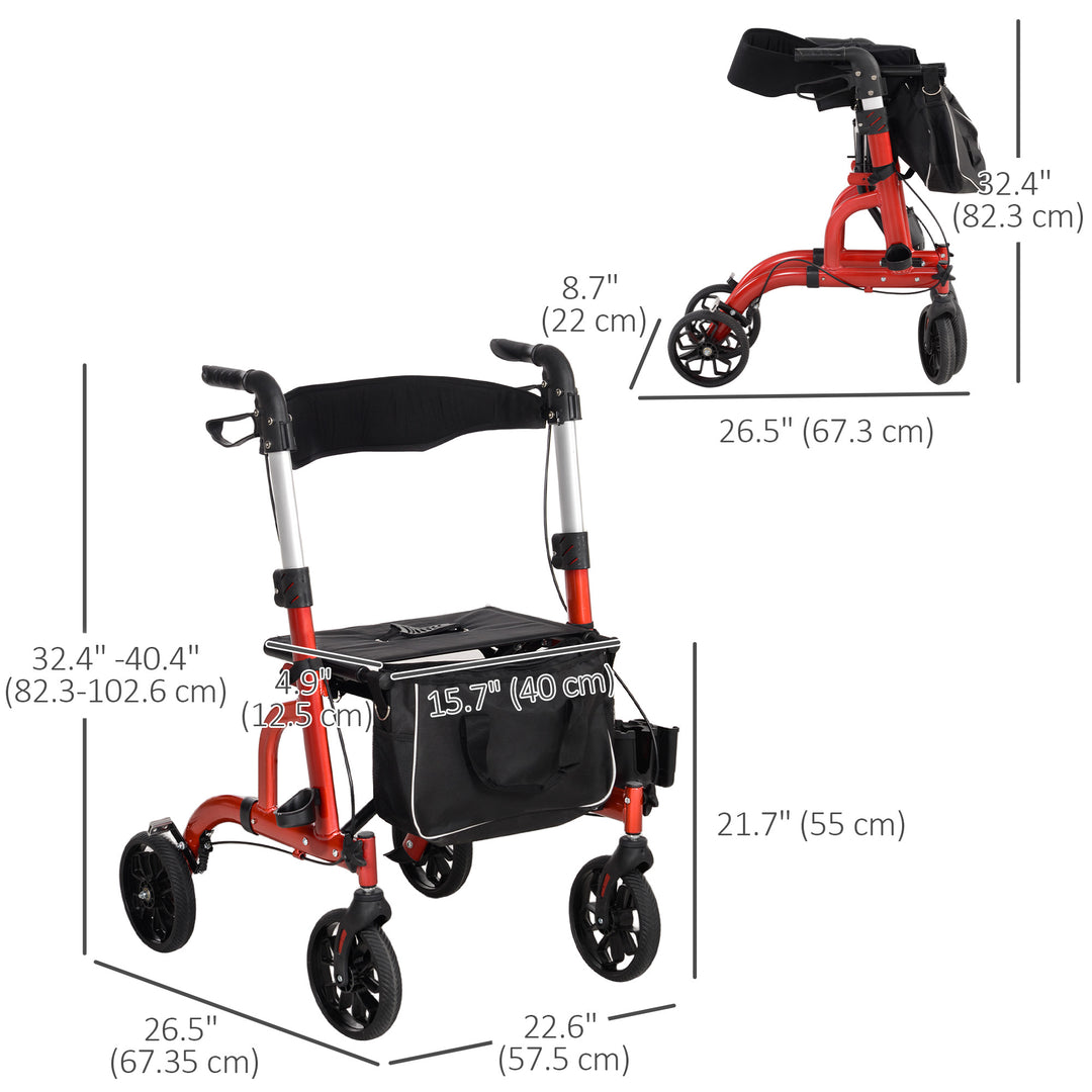 HOMCOM Rollator Walker for Seniors and Adults with 8'' Wheels, Padded Seat and Backrest,  Storage Bag Red