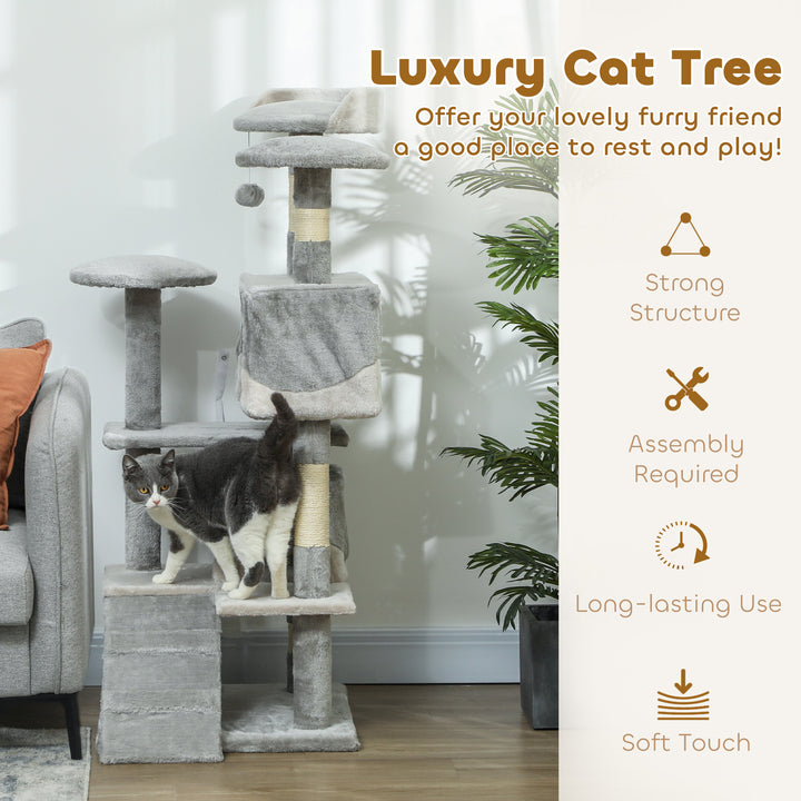 PawHut 53" Cat Tree Scratching Large Kitten Play House Multi-Level Activity Center Pet Furniture