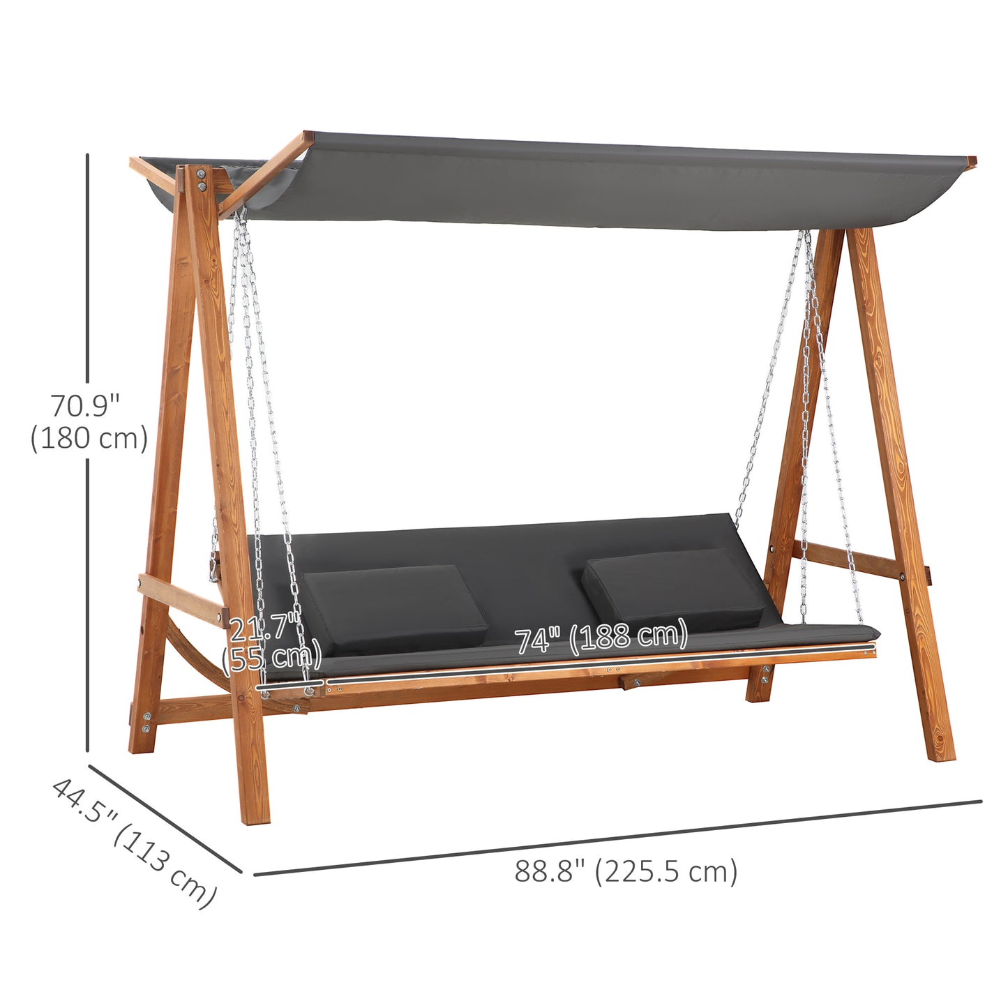 Outsunny 3 Seater Patio Swing Chair Convertible Cushioned Porch Swing Bed with Canopy, Wood Frame for Outdoor, Backyard, Garden