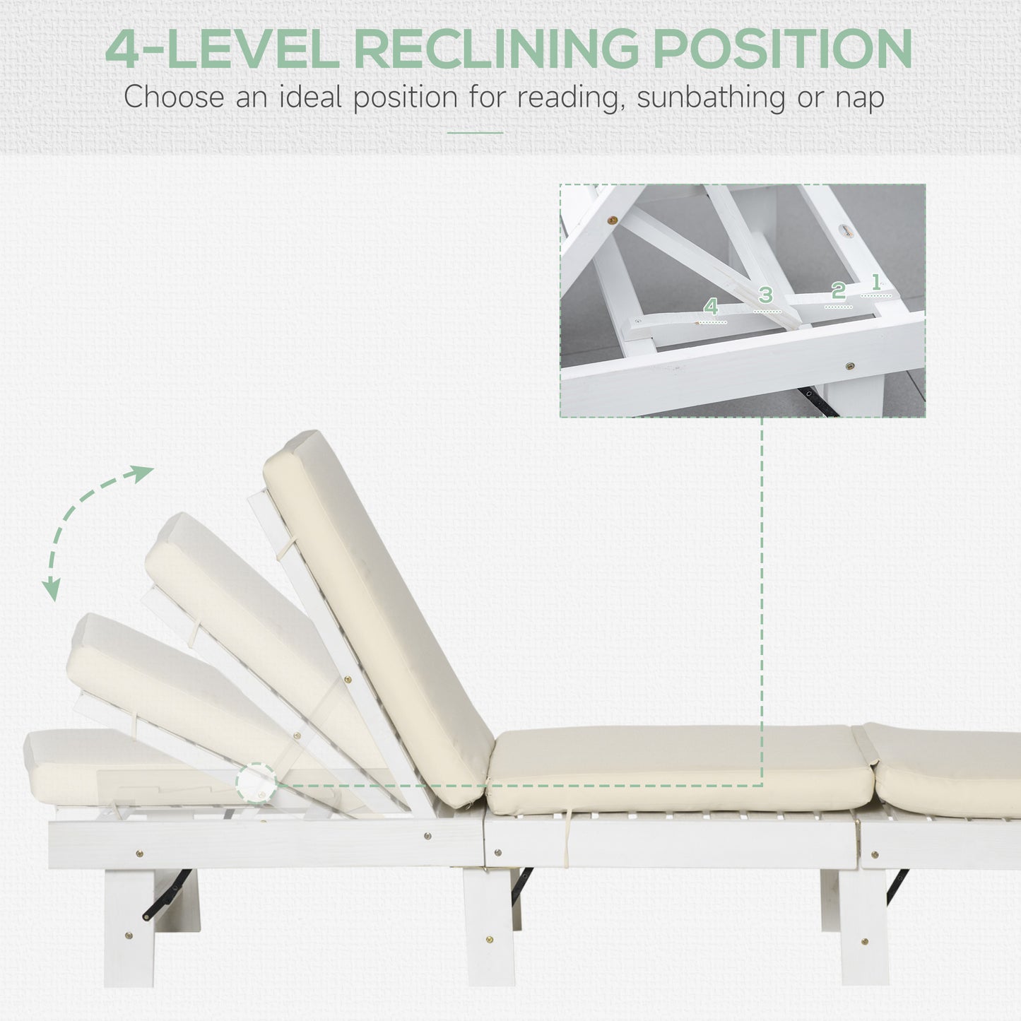 Outsunny Wooden Folding Chaise Lounge, Outdoor Chaise Lounge Chair, Garden Reclining Tanning Chair with 4 Adjustable Back Soft Cushions, White