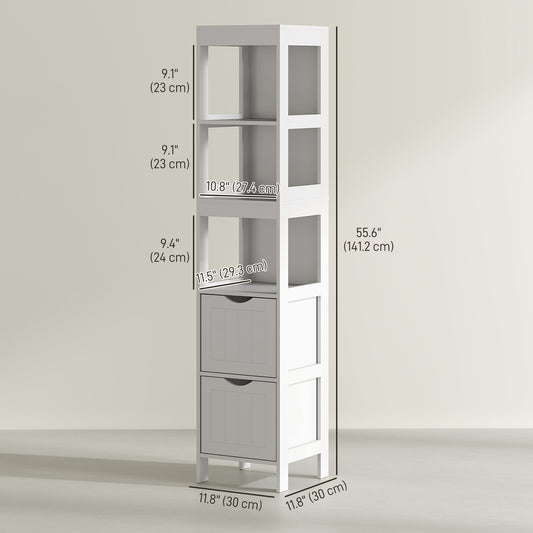 HOMCOM Narrow Bathroom Storage Cabinet, Bathroom Cabinet with 2 Drawers & 3 Open Shelves, Slim Bathroom Floor Cabinet, White