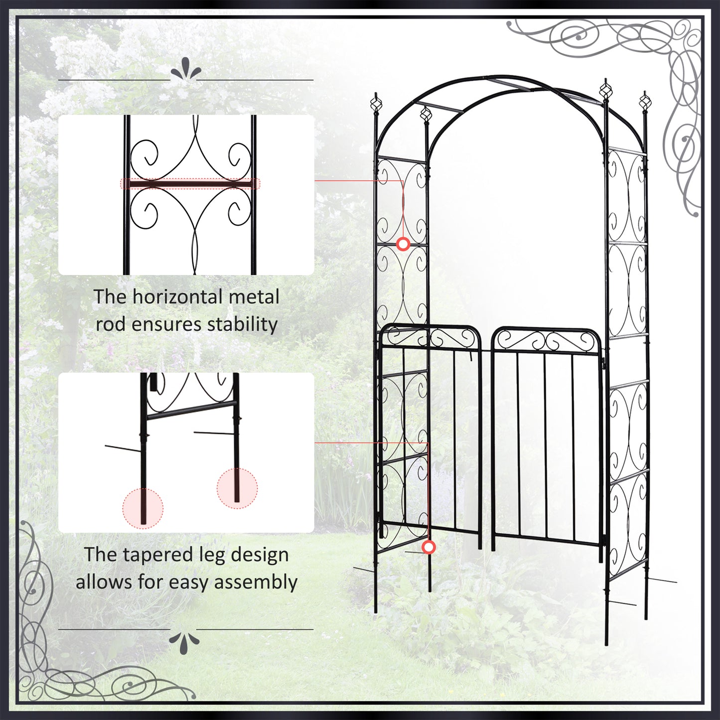 Outsunny 7.2FT Metal Garden Arbor Arch with Double Doors, 2 Side Planter Baskets, Climbing Vine Frame, Black