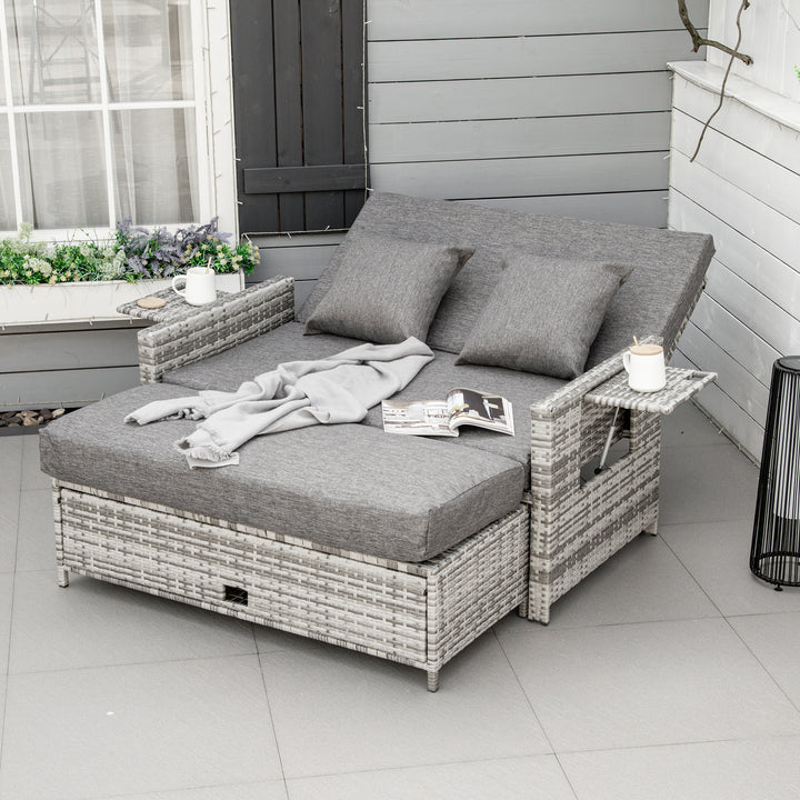 Outsunny 2 Piece Rattan Outdoor Daybed, 2 Seater Sofa Set with Footstool, Storage, Cushions and Pillows for Garden, Patio, Grey