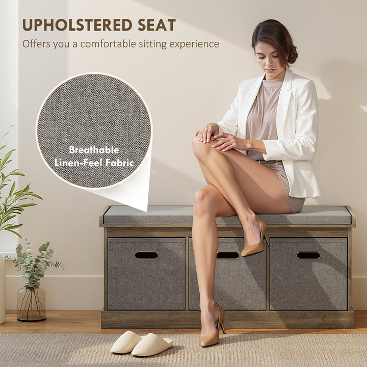 HOMCOM Shoe Storage Bench with Seat, Entryway Bench Seat with Cushion, 3 Fabric Drawers for Hallway, Grey