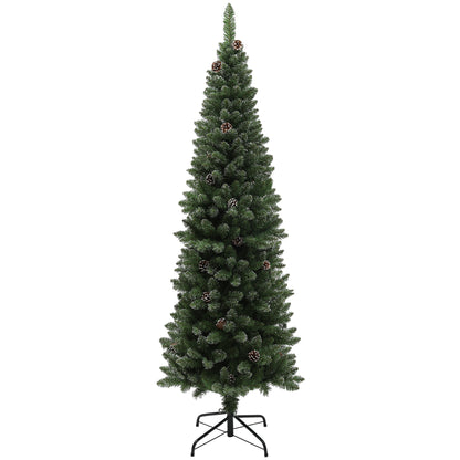 HOMCOM 6ft Artificial Pencil Christmas Tree with 618 Branches, Pinecones, Metal Stand, Realistic Xmas Tree for Home