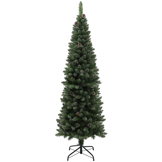 HOMCOM 6ft Artificial Pencil Christmas Tree with 618 Branches, Pinecones, Metal Stand, Realistic Xmas Tree for Home