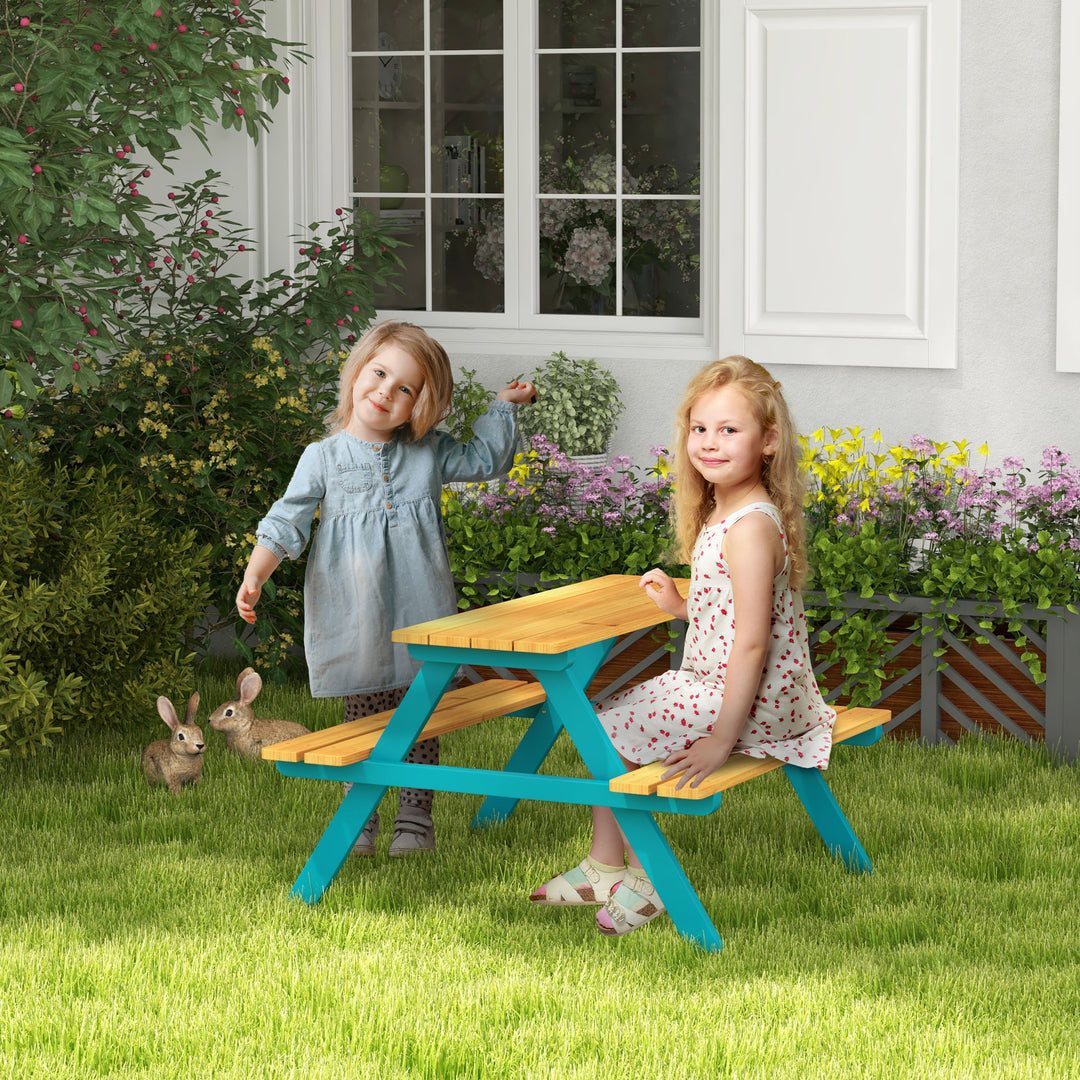 Outsunny Kids Outdoor Table Set Wooden Toddler Picnic Table and Benches for 4 Kids 3-8 Years, Easy Installation, Natural Wood