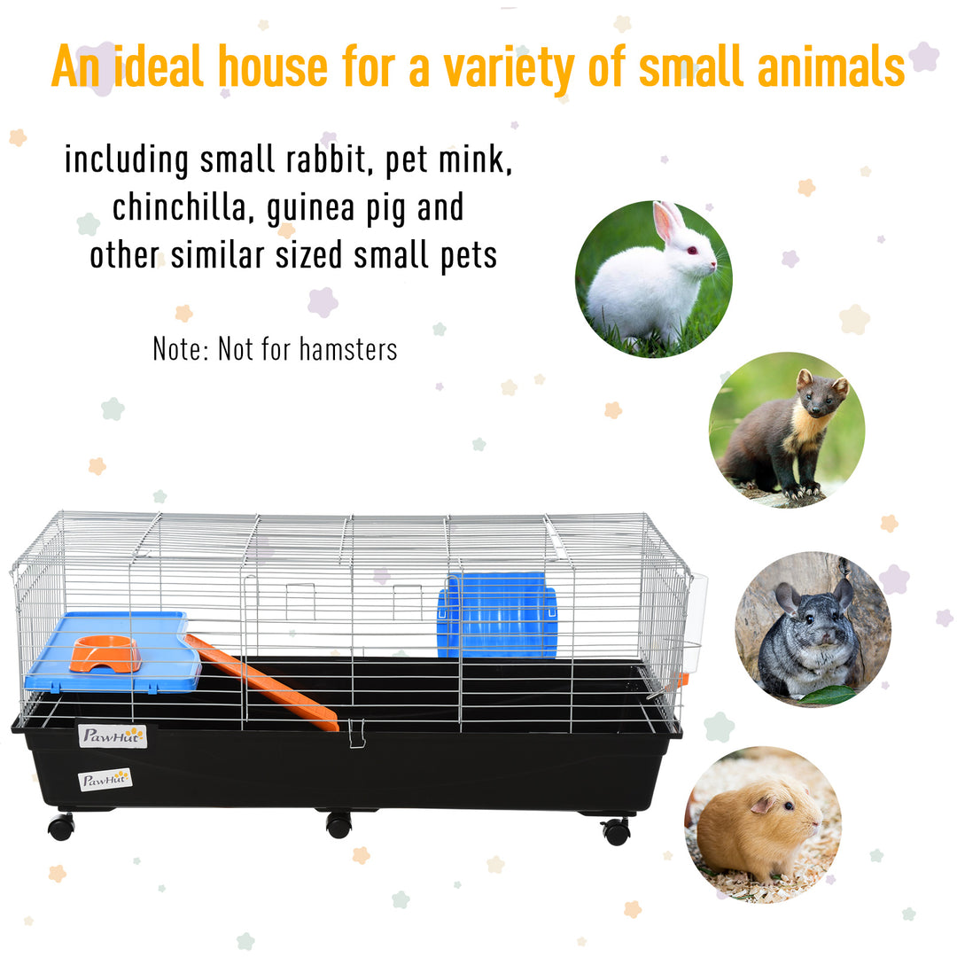 PawHut Small Animal Cage, Rolling Bunny Cage, Guinea Pig Cage with Food Dish, Water Bottle, Hay Feeder, Platform, Ramp, Green
