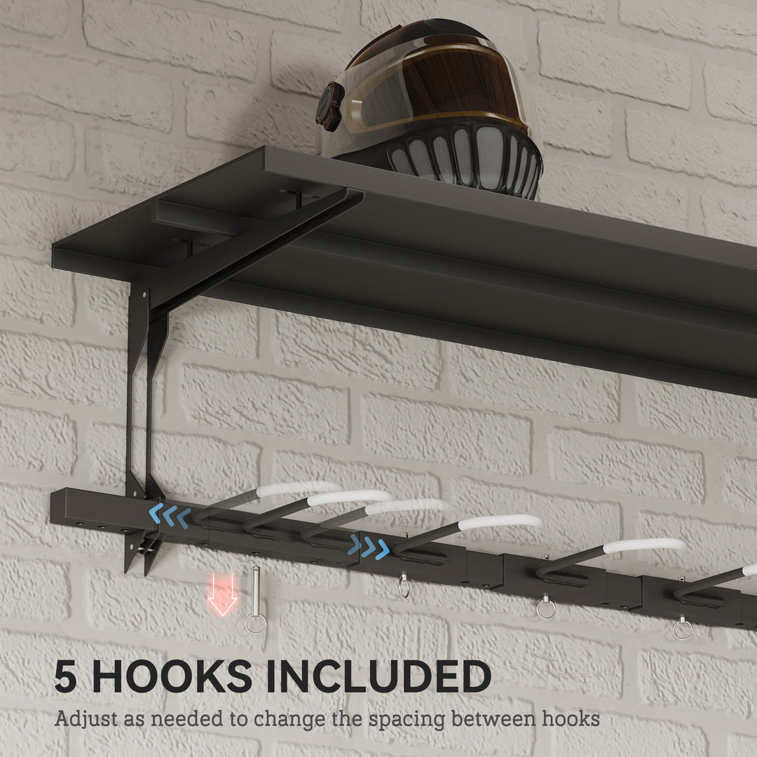Soozier Bike Storage Rack for 5 Bikes, Wall Mounted Bicycle Rack with Shelf and Adjustable Hooks for Indoor Outdoor Use, Black