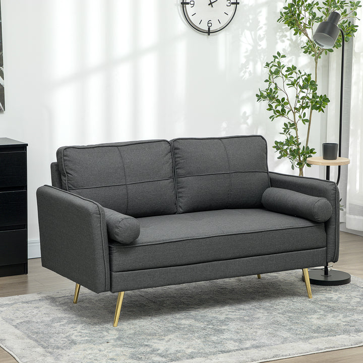HOMCOM 56" Loveseat Sofa for Bedroom Upholstered 2 Seater Couch with Back Cushions and Pillows, Dark Grey