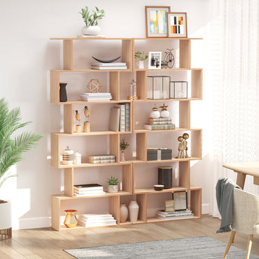 HOMCOM 76" 6-Tier Geometric Wooden Bookcase S Shaped Storage Display Bookshelf Modern shelf Open Concept Living Room Home Office Furniture, Maple