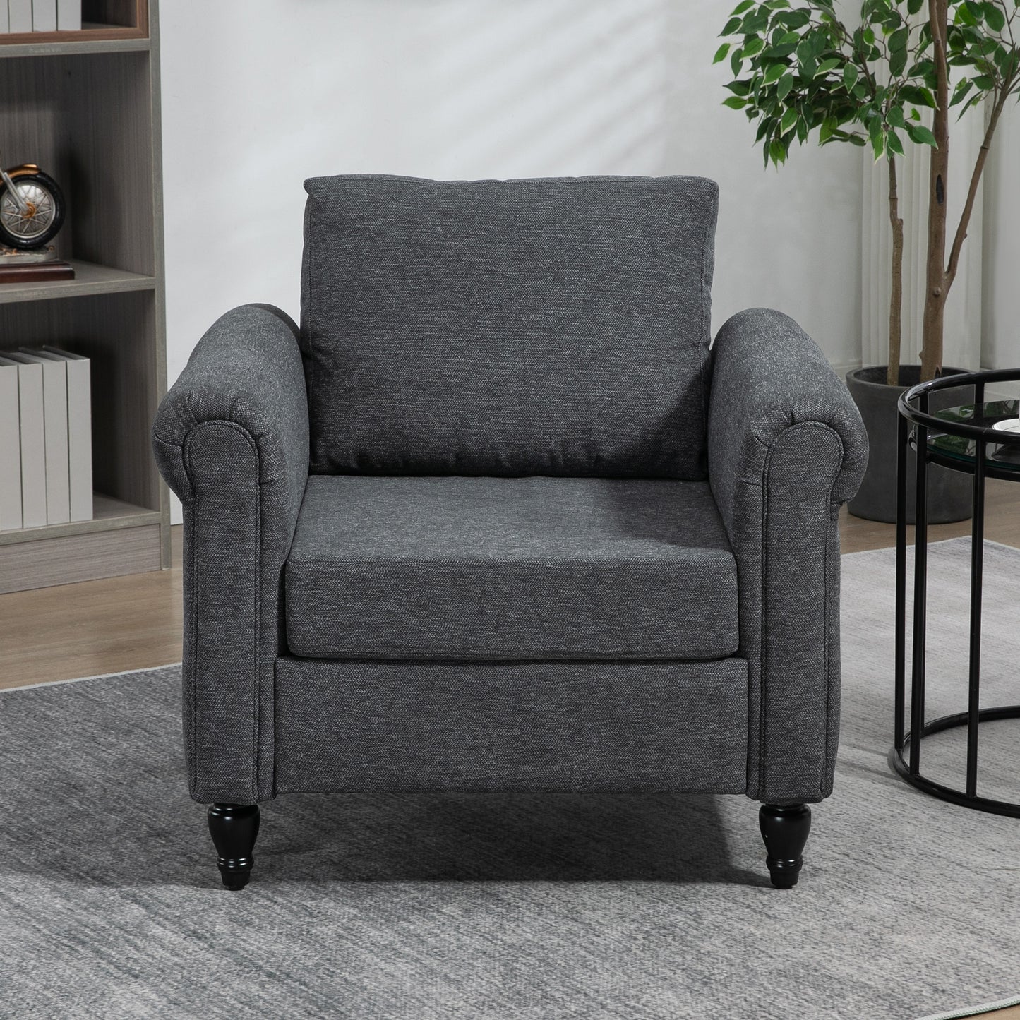 HOMCOM Vintage Armchair, Upholstered Accent Chair with Rolled Arms, Gourd-Shaped Rubber Wood Legs, Light Grey