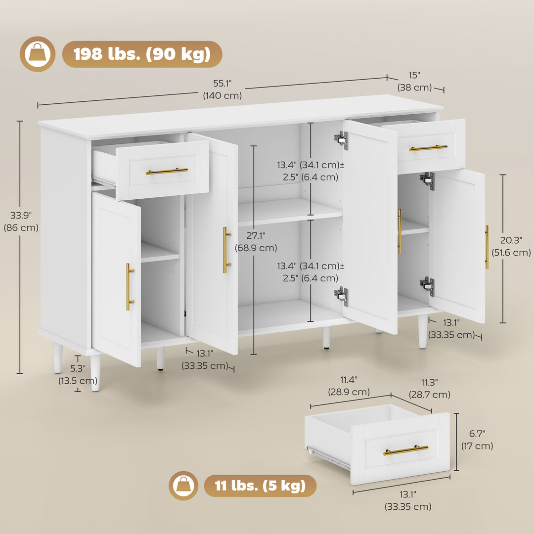HOMCOM 55" Buffet Cabinet with Soft-Close Doors, Modern Sideboard with 2 Drawers, 3 Adjustable Shelves and 4 Doors, White