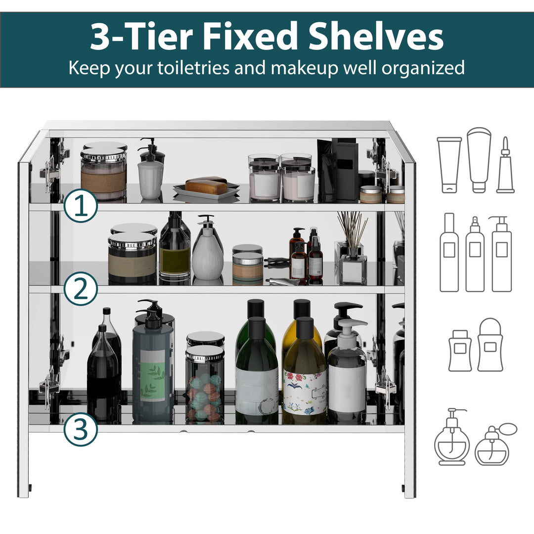 HOMCOM Wall Mounted Mirror Cabinet, Bathroom Medicine Cabinet with Mirror, 2 Doors and 3-tier Shelving, Silver