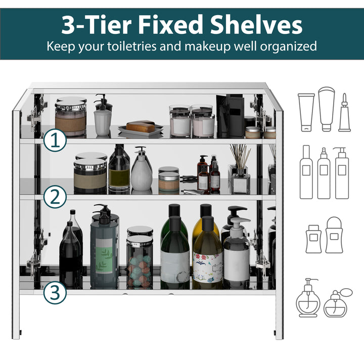 HOMCOM Wall Mounted Mirror Cabinet, Bathroom Medicine Cabinet with Mirror, 2 Doors and 3-tier Shelving, Silver