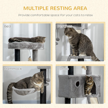 PawHut 47" Cat Tree for Indoor Cats, Kitty Activity Center, Cat Tower with Cat Ear Bed Ramp Condo Hammock Hanging Ball Toys Sisal Rope Scratching Post, Light Grey