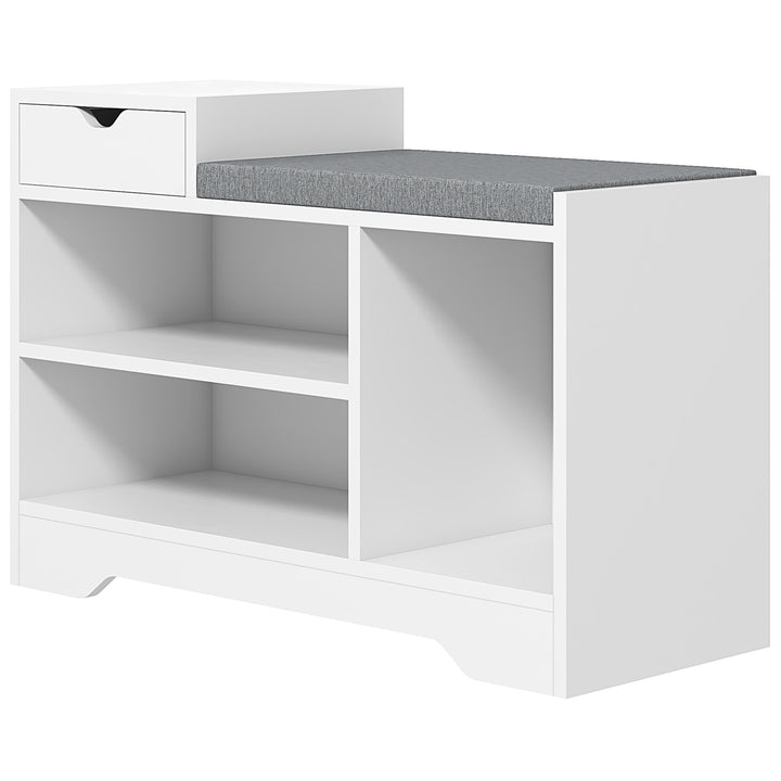 HOMCOM Upholstered Shoe Storage Bench, Hallway Shoe Storage with Seat, Drawer, 3 Open Shelves for Entryway, White