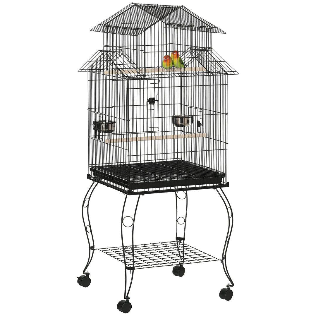 PawHut 53.9'' Large Rolling Steel Bird Cage Bird House with Detachable Rolling Stand, Storage Shelf, Wood Perch, Food Container, Black