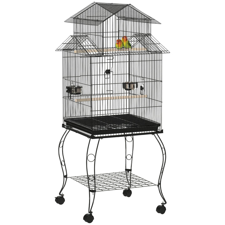 PawHut 53.9'' Large Rolling Steel Bird Cage Bird House with Detachable Rolling Stand, Storage Shelf, Wood Perch, Food Container, Black