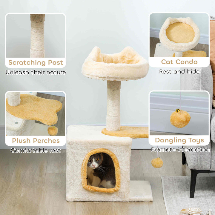 PawHut 28" Cat Tree Tower with Plush Top Bed, Cozy Condo, Sisal Scratching Post, Perch, Dangling Ball, Light Grey