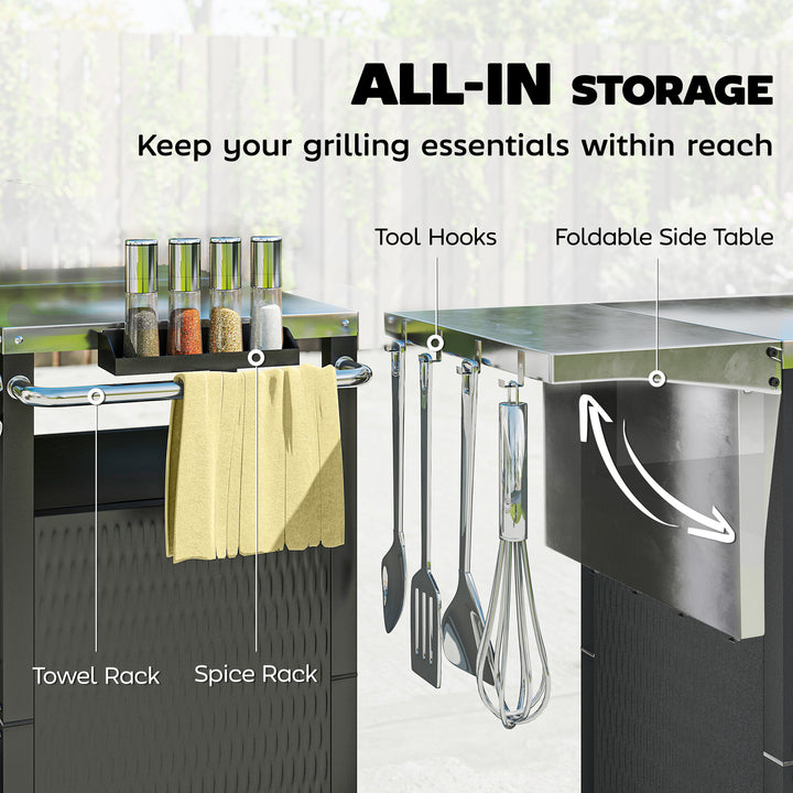 Outsunny Outdoor Grill Dining Cart with Stainless Steel Top, Pizza Oven Stand Table with Foldable Side Table, Silver