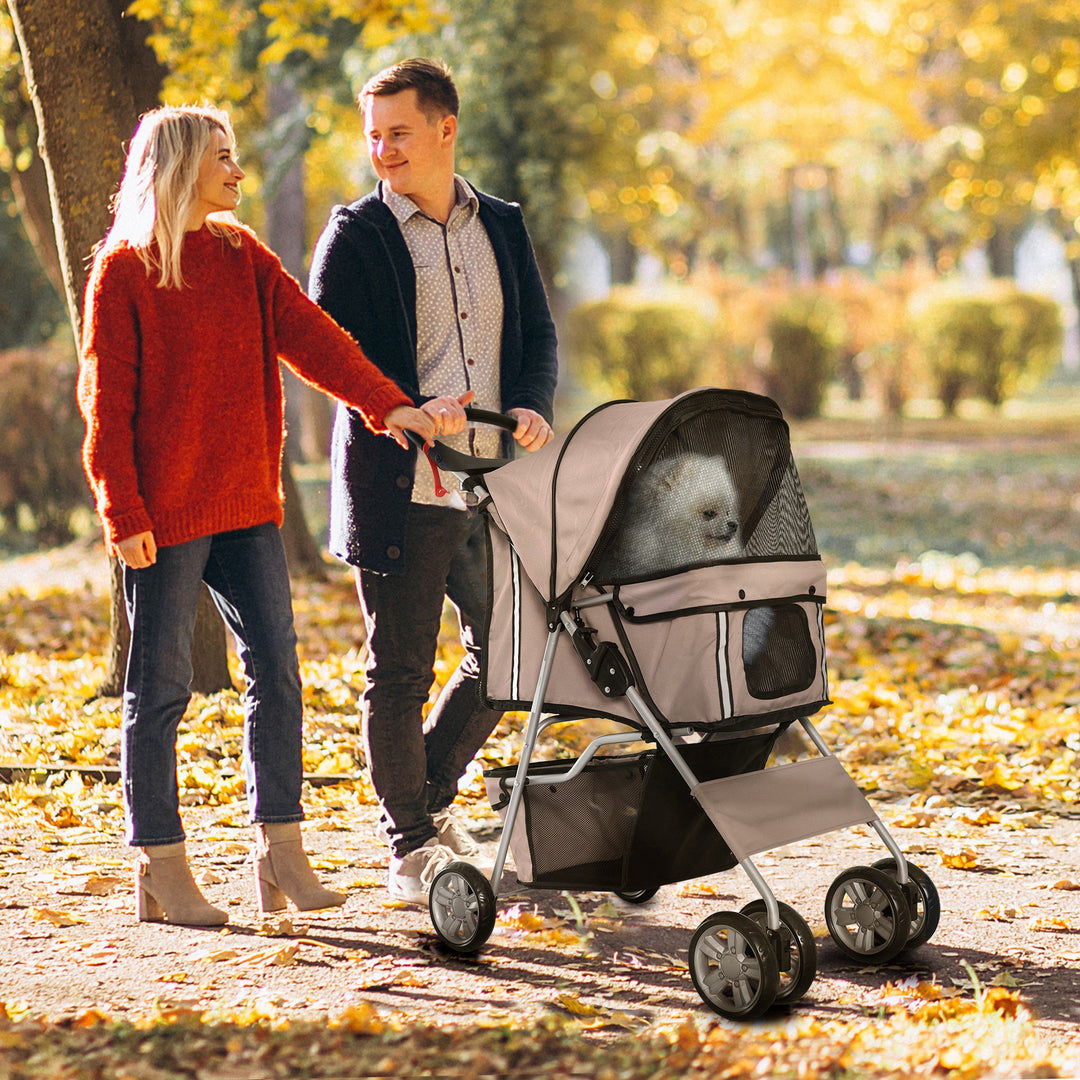 PawHut 4 Wheel Dog Pet Stroller Dog Cat Carrier Folding Sunshade Canopy with Brake, Safety Leash, Cup Holder, Brown