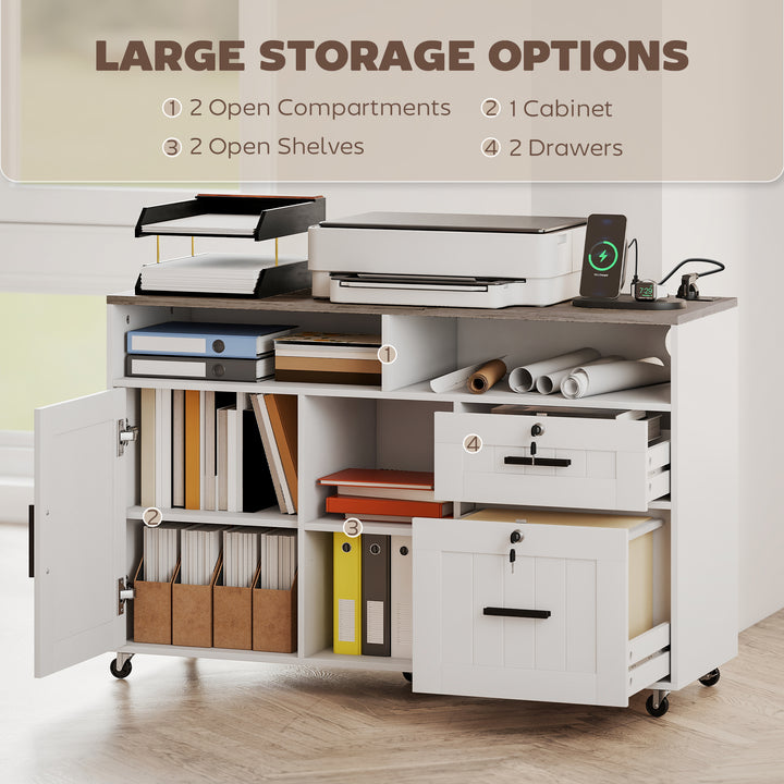 HOMCOM Mobile Printer Stand with Charging Station and USB Ports, Locking Filing Cabinet for A4 and Letter Size, White