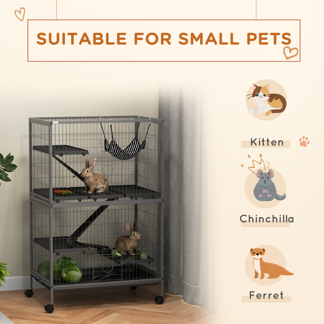 PawHut 5-Tier Rolling Small Animal Cage, Deluxe Guinea Pig Cage, Ferret Cage for Mink Chinchilla Kitten Rabbit, Light Grey