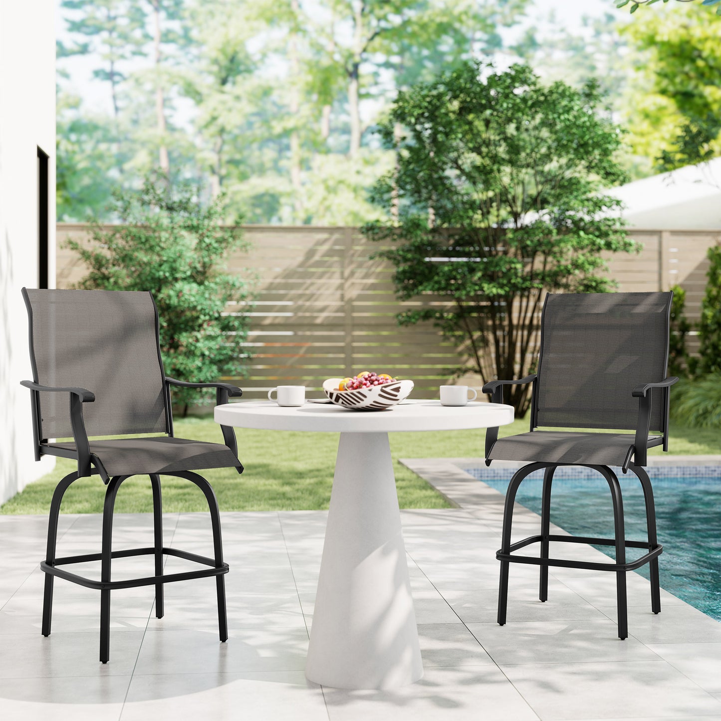 Outsunny Outdoor Bar Stools Set of 2, Swivel Bar Height Chairs with High Back, Curved Armrests and Steel Frame, Black