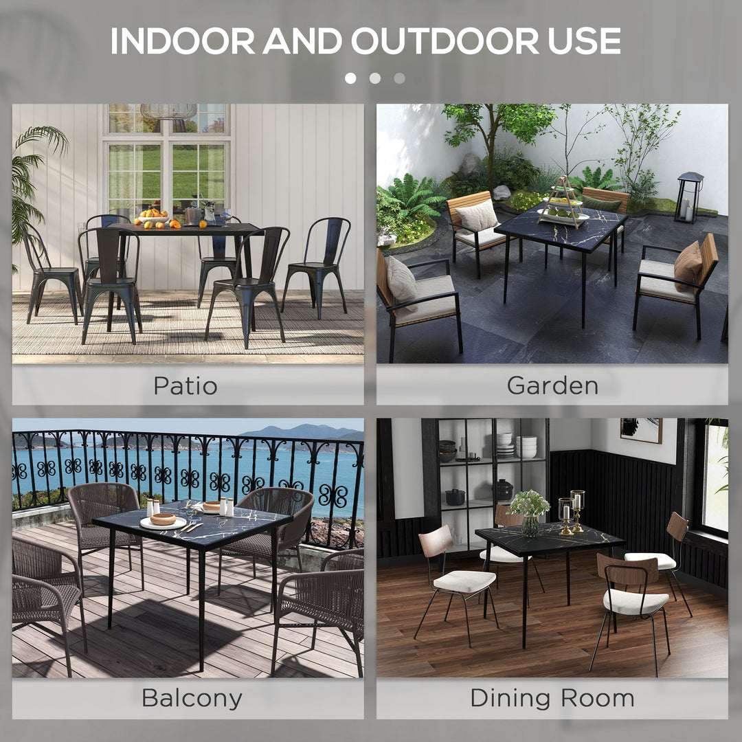 Outsunny Outdoor Dining Table for 4, Square Patio Dining Table with Marble Effect Tempered Glass Top and Steel Frame, White