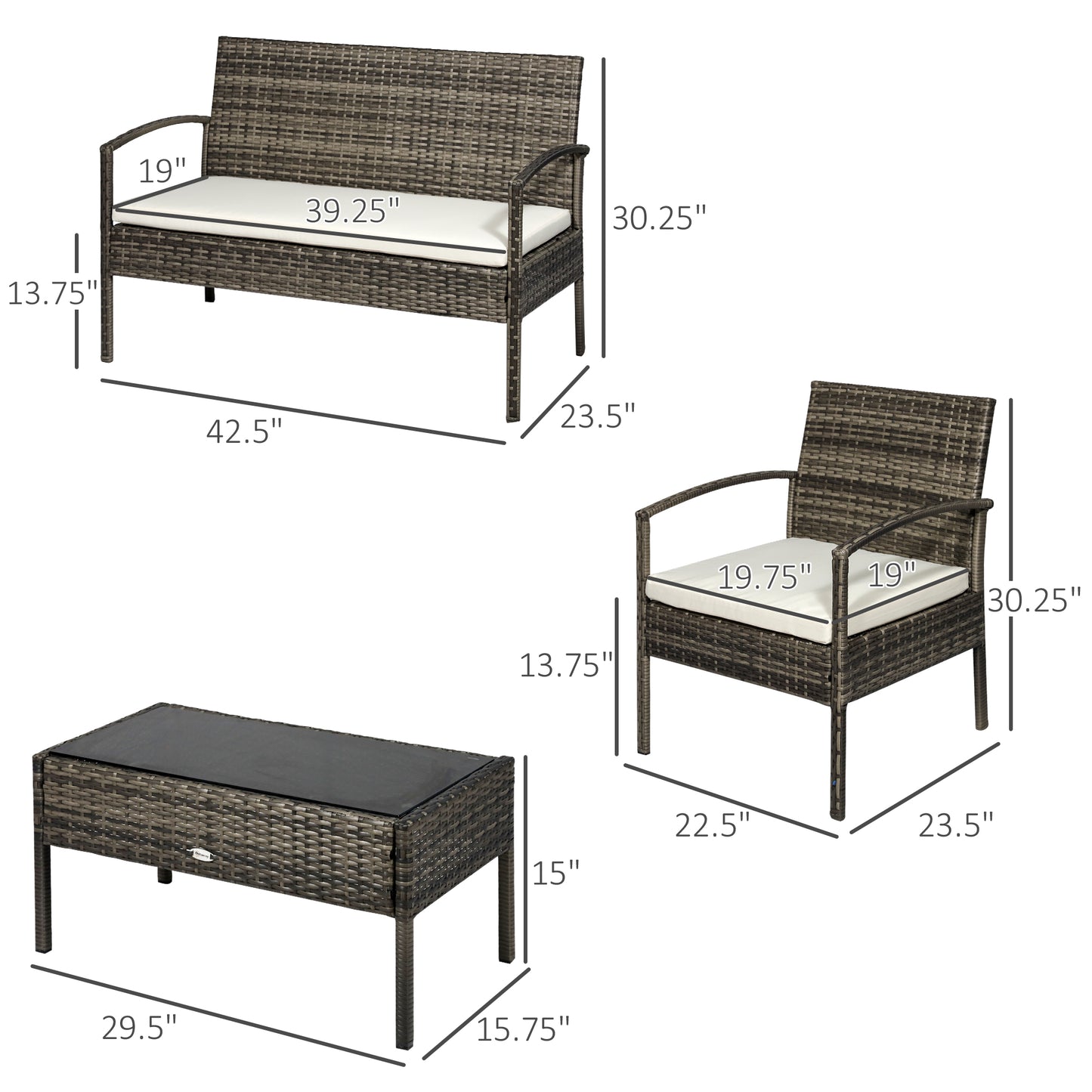 Outsunny 4 Pieces Patio Furniture Sets with A Loveseat, Two Armchairs and A Coffee Table, Outdoor Conversation Set with Glass Top Table, Grey PE Rattan and Cream White Cushions