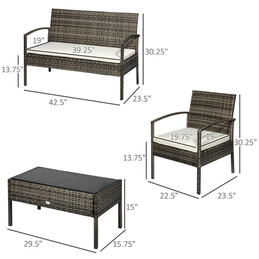 Outsunny 4 Pieces Patio Furniture Sets with A Loveseat, Two Armchairs and A Coffee Table, Outdoor Conversation Set with Glass Top Table, Grey PE Rattan and Cream White Cushions