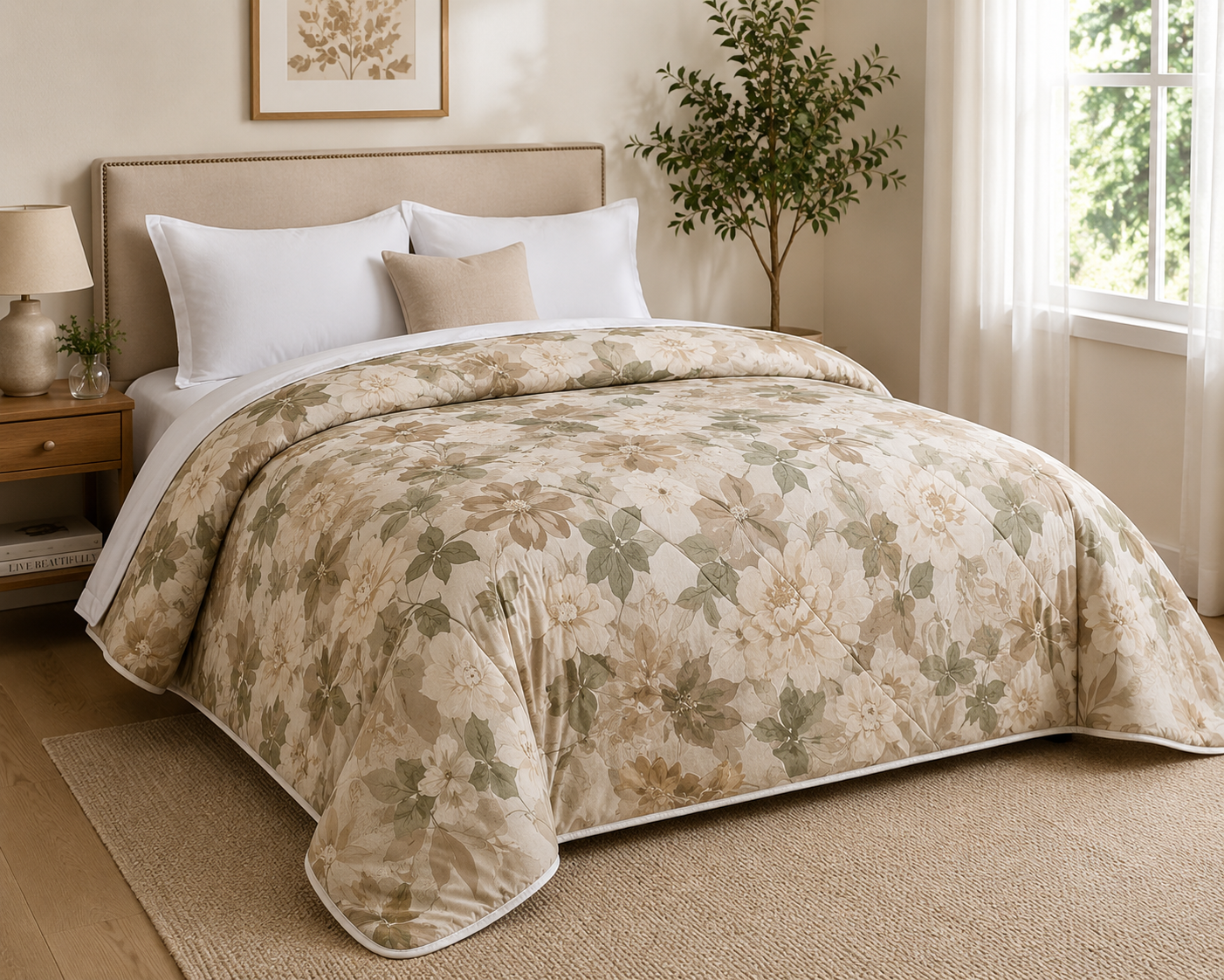 Aarniva Breathable Polyester Comforter Set | King/Queen | 250 GSM | Ultra-Soft & Cozy | Brown with Flowers | 5-Piece Set