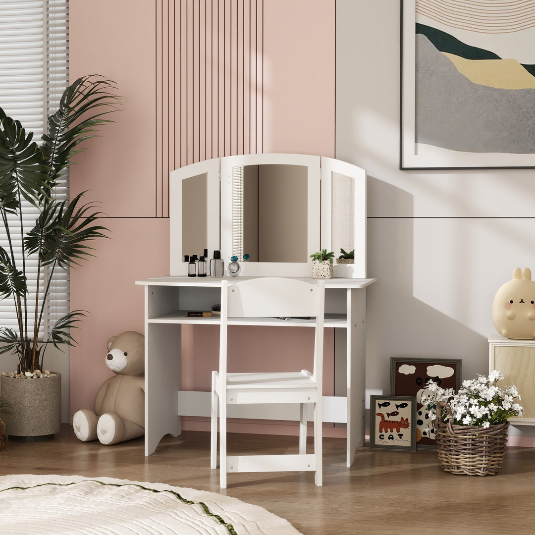 Qaba 2 in 1 Kids Vanity Set Makeup Dressing Table Pretend Play Set with Tri-Folding Mirror, Stool, Storage Shelf